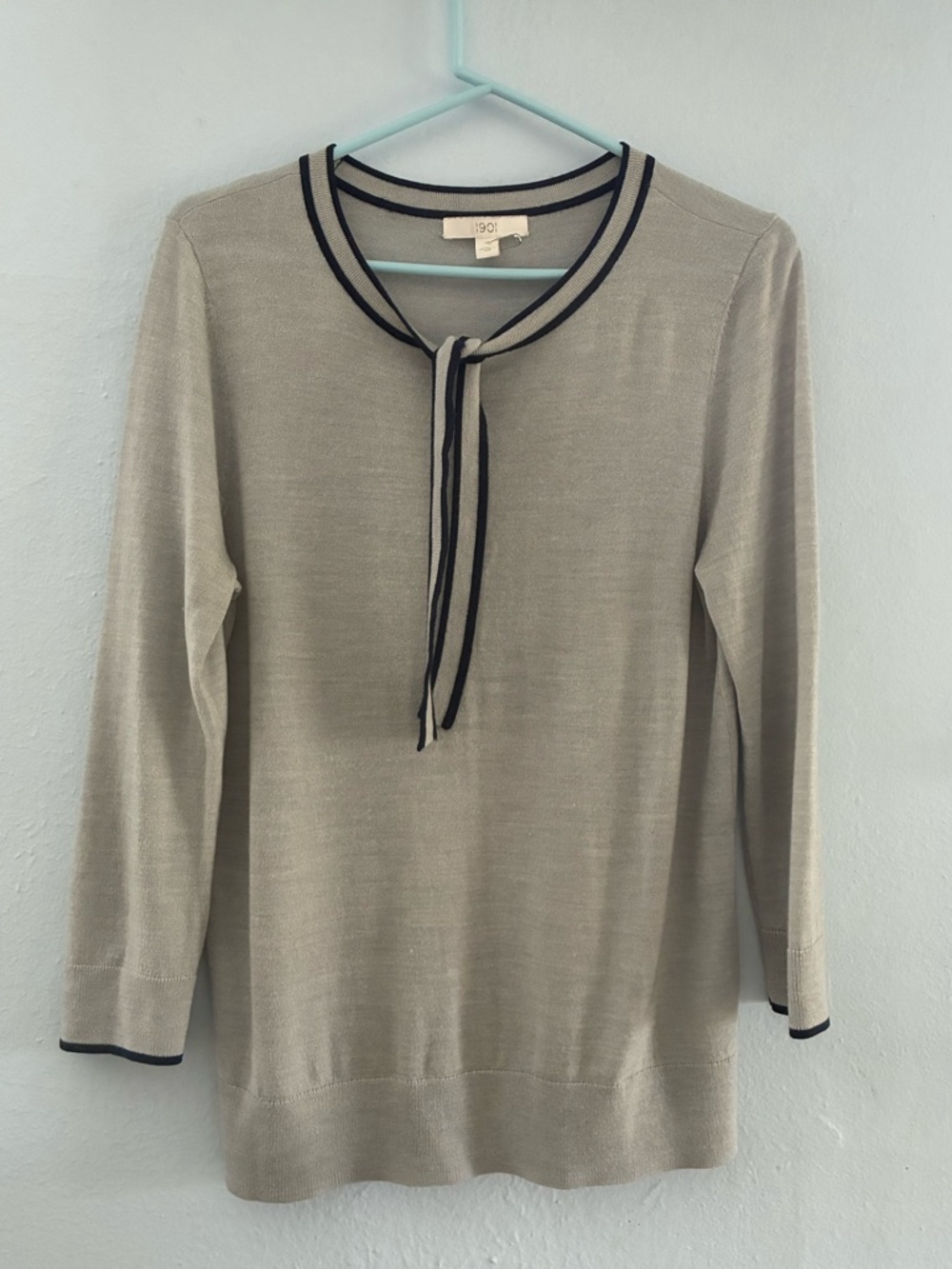 1901 grey navy Tie-Neck Knit Top with Navy Trim